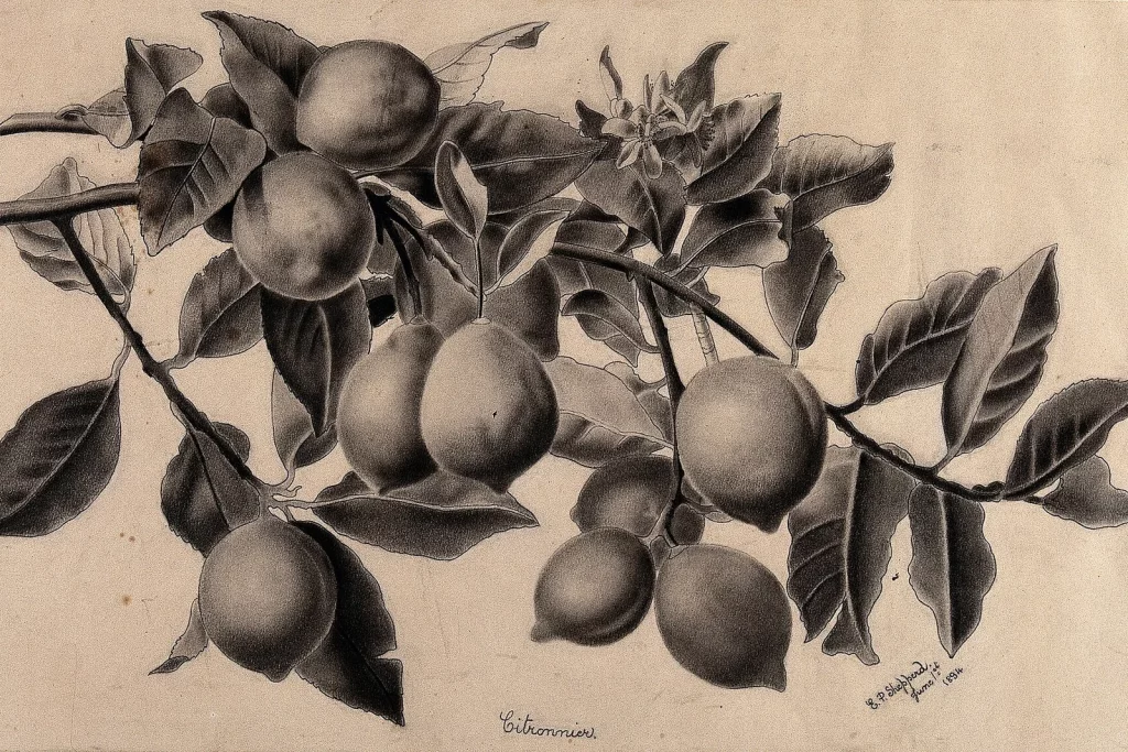 Gravure ancienne d'une branche de citronnier chargée de citrons, avec feuilles et fleurs