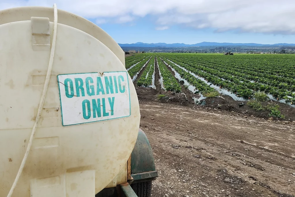 Cuve d'engrais biologique au bord d'un champ cultivé